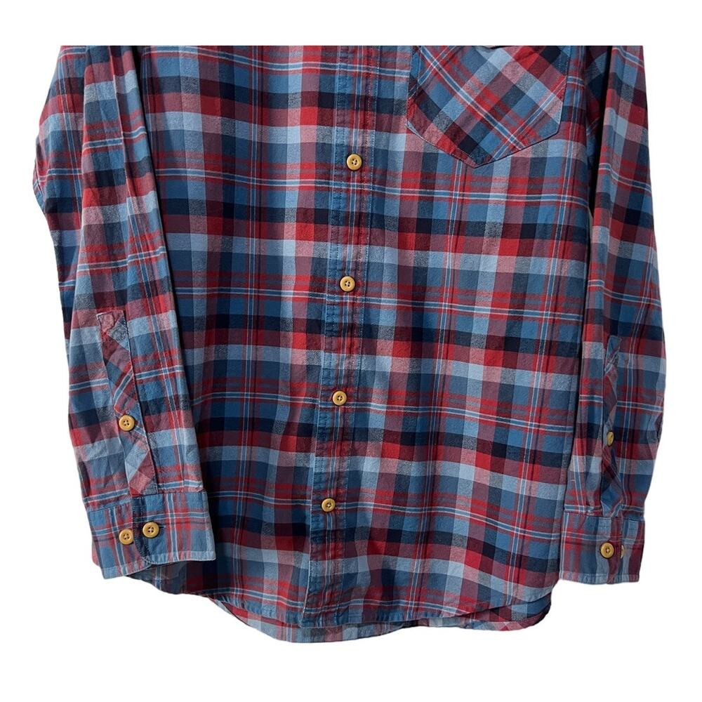 Duluth Trading Co Mens Large Free Swingin Flannel Trim Fit Shirt Blue Red Plaid - Picture 5 of 13